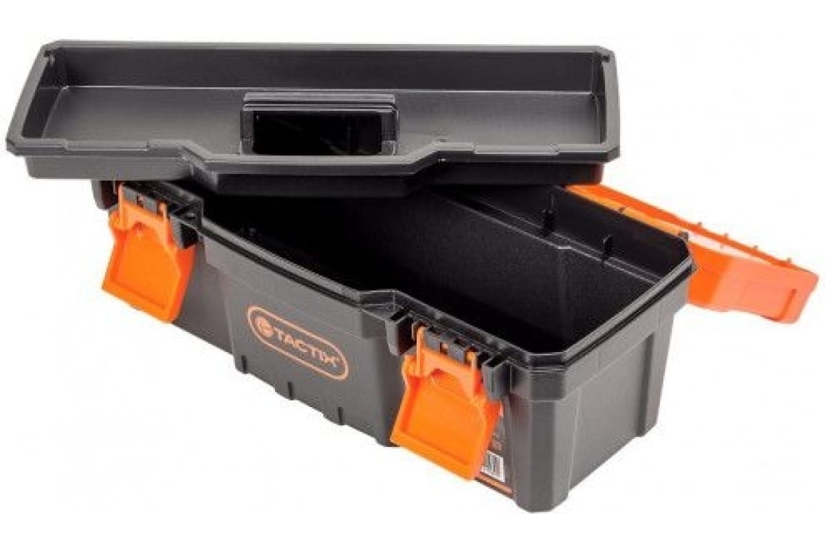 Ящик для инструмента 19" с оранжевой крышкой и пластиковыми замками (50,0 х 26,3 х 24,0 см), TACTIX 320100A